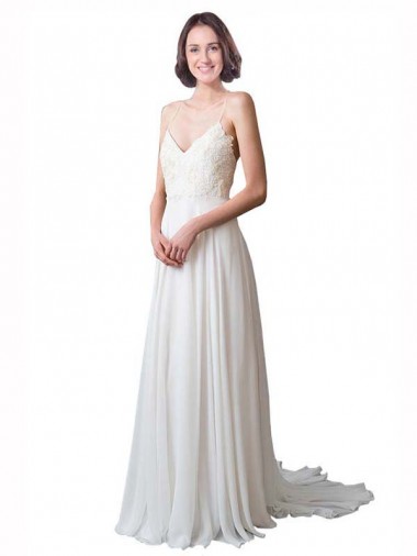 Ivoire Trapèze Bretelles spaghetti Col V Mousseline Dentelle Plage Robes de mariée Pas Cher