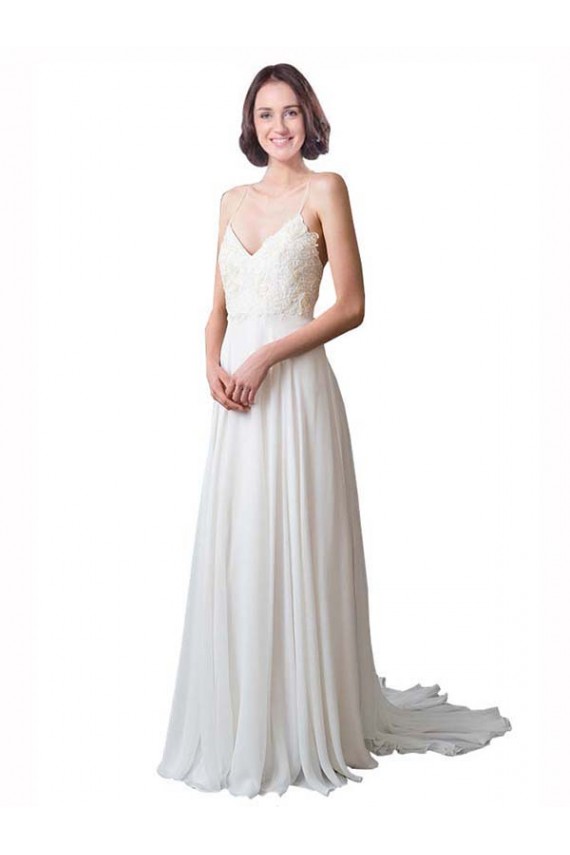 Ivoire Trapèze Bretelles spaghetti Col V Mousseline Dentelle Plage Robes de mariée Pas Cher
