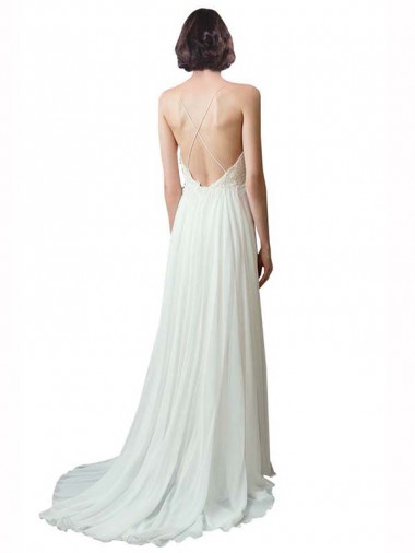 Ivoire Trapèze Bretelles spaghetti Col V Mousseline Dentelle Plage Robes de mariée