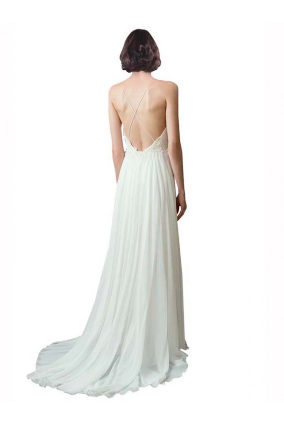 Ivoire Trapèze Bretelles spaghetti Col V Mousseline Dentelle Plage Robes de mariée Pas Cher