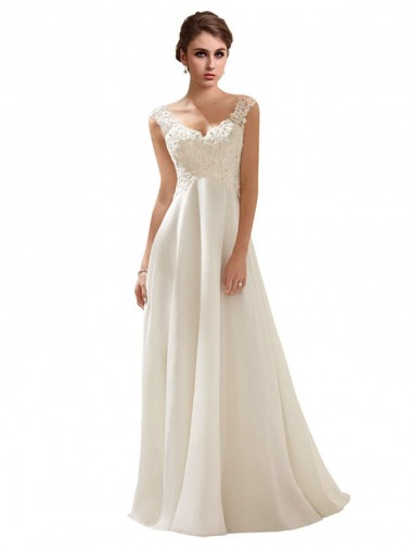 Ivoire Trapèze Col V Balayage train Mousseline Dentelle Robes de mariée Pas Cher