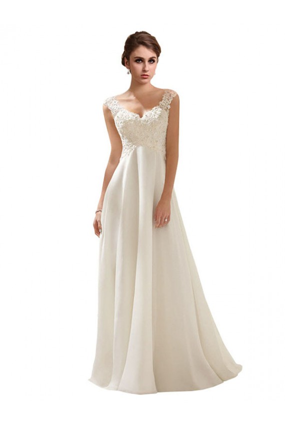Ivoire Trapèze Col V Balayage train Mousseline Dentelle Robes de mariée Pas Cher