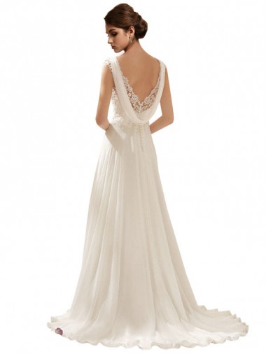 Ivoire Trapèze Col V Balayage train Mousseline Dentelle Robes de mariée