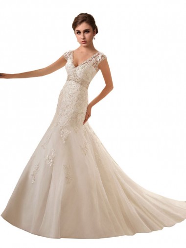 Ivoire Trapèze Col V Tulle Dentelle Robes de mariée Pas Cher