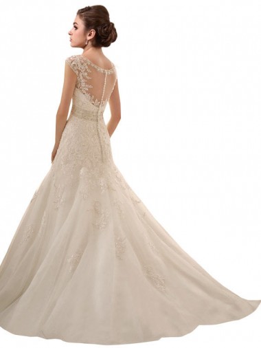 Ivoire Trapèze Col V Tulle Dentelle Robes de mariée