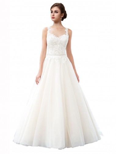 Ivoire Trapèze Illusion Traîne cathédrale Tulle Dentelle Plage Robes de mariée Pas Cher