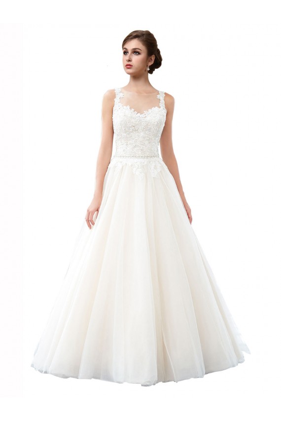 Ivoire Trapèze Illusion Traîne cathédrale Tulle Dentelle Plage Robes de mariée Pas Cher