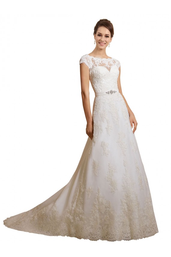 Ivoire Trapèze Illusion Tulle Dentelle Classique Robes de mariée Pas Cher