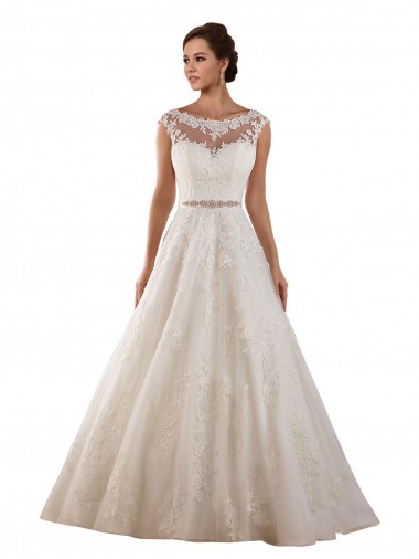 Ivoire Trapèze Illusion Tulle Dentelle Classique Robes de mariée Pas Cher
