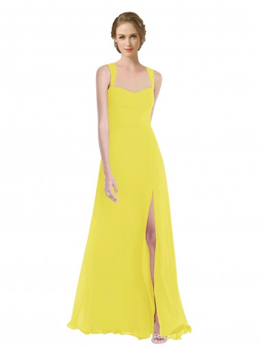 Jaune Trapèze Bretelles spaghetti Mousseline Longue Robes demoiselle d'honneur Pas Cher