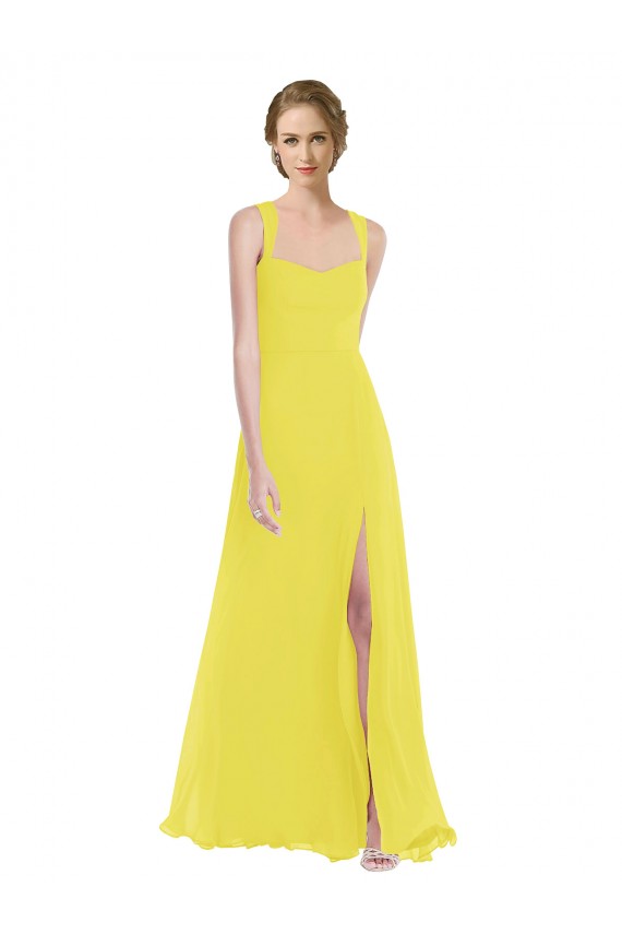 Jaune Trapèze Bretelles spaghetti Mousseline Longue Robes demoiselle d'honneur Pas Cher