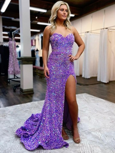 Lavande Trapèze Traîne moyenne Paillettes Velours Longue Robes de bal Pas Cher