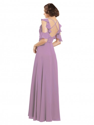 Lavande foncée Trapèze Col Haut Mousseline Longue Robes demoiselle d'honneur