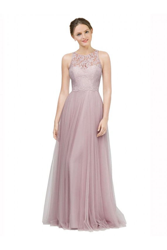 Light Lilac Trapèze Tulle Dentelle Longue Robes demoiselle d'honneur Pas Cher