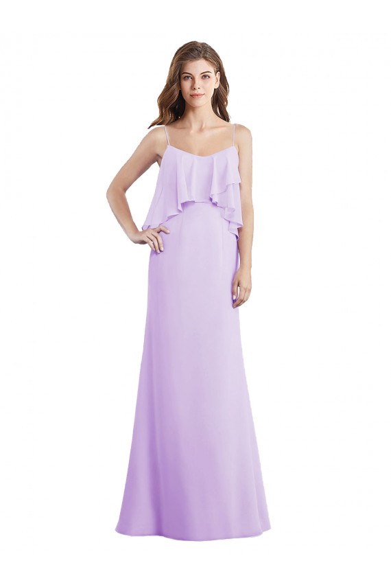 Lilas Trapèze Bretelles spaghetti Scoop Mousseline Longue Robes demoiselle d'honneur Pas Cher
