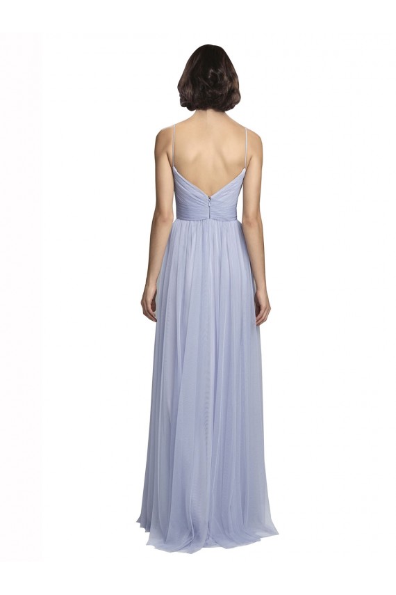 Lilas Trapèze Bretelles spaghetti Tulle Longue Robes demoiselle d'honneur Pas Cher