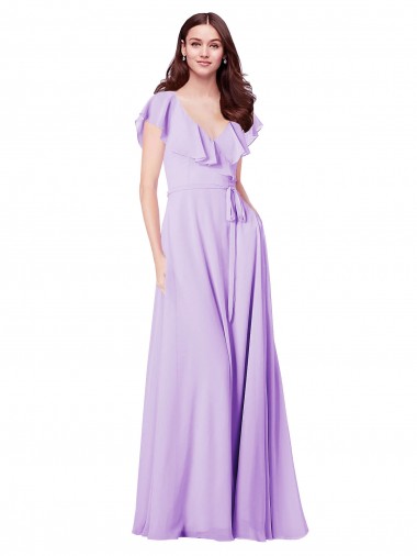 Lilas Trapèze Col V Mousseline Longue Robes demoiselle d'honneur Pas Cher