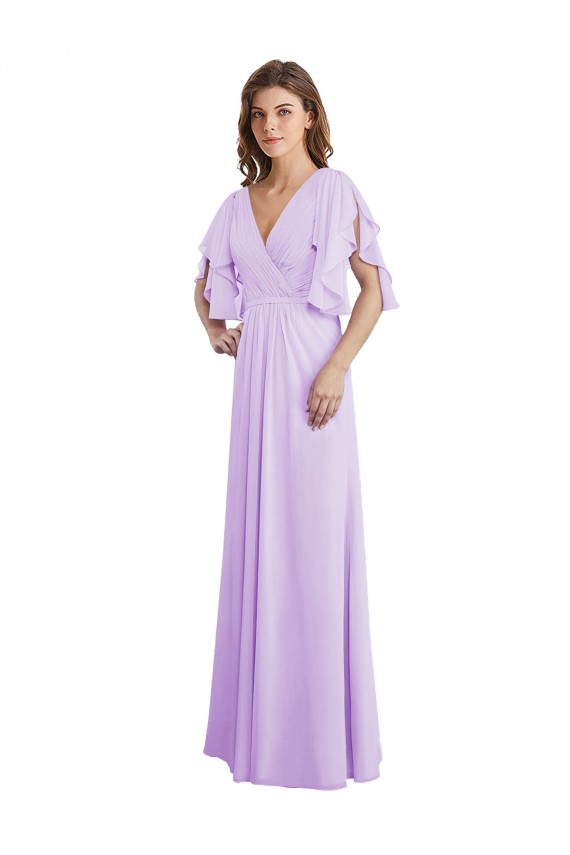 Lilas Trapèze Col V Mousseline Longue Robes demoiselle d'honneur Pas Cher
