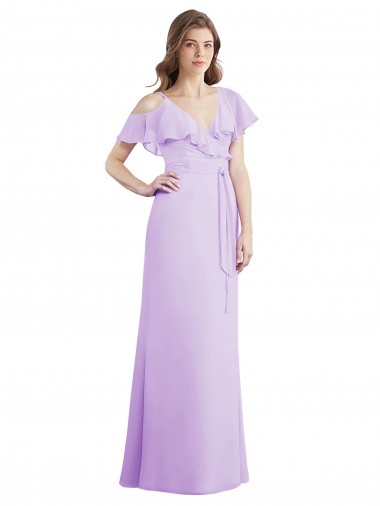 Lilas Trapèze Col V Mousseline Longue Robes demoiselle d'honneur Pas Cher