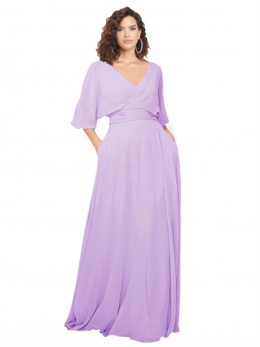 Lilas Trapèze Col V Mousseline Longue Robes demoiselle d'honneur Pas Cher