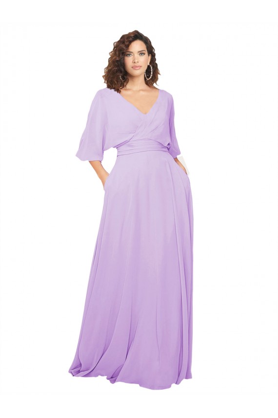 Lilas Trapèze Col V Mousseline Longue Robes demoiselle d'honneur Pas Cher
