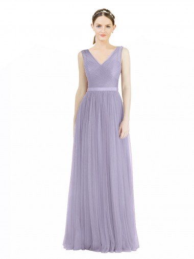 Lilas Trapèze Col V Tulle Longue Robes demoiselle d'honneur Pas Cher