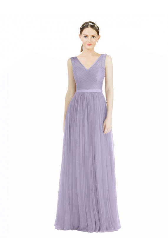 Lilas Trapèze Col V Tulle Longue Robes demoiselle d'honneur Pas Cher