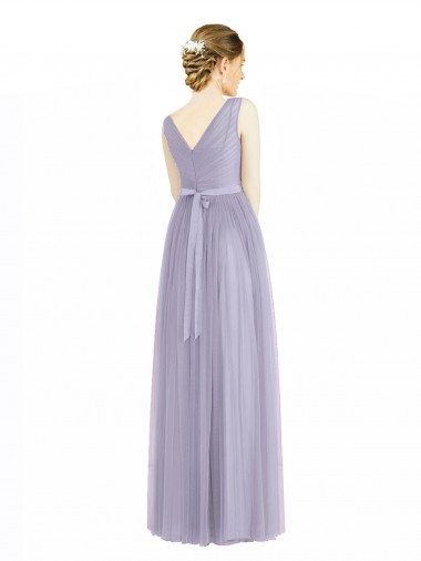 Lilas Trapèze Col V Tulle Longue Robes demoiselle d'honneur