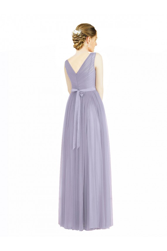 Lilas Trapèze Col V Tulle Longue Robes demoiselle d'honneur Pas Cher