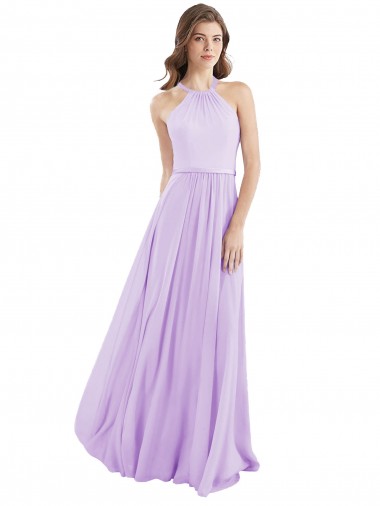 Lilas Trapèze Licou Mousseline Longue Robes demoiselle d'honneur Pas Cher