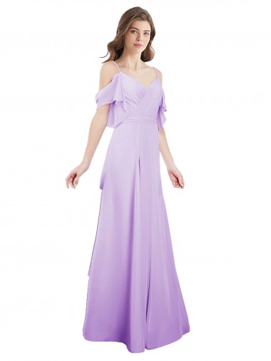 Lilas Trapèze Épaule Dénudée Bretelles spaghetti Mousseline Longue Robes demoiselle d'honneur Pas Cher