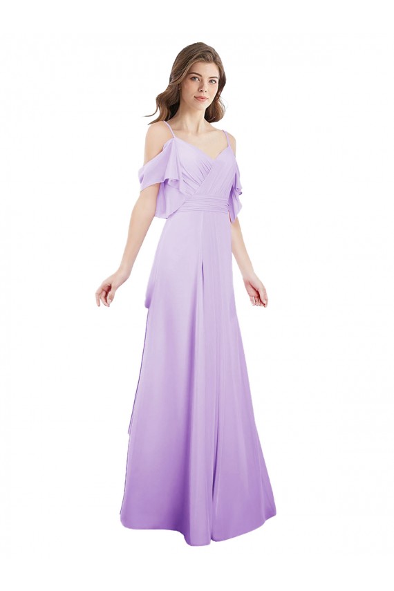 Lilas Trapèze Épaule Dénudée Bretelles spaghetti Mousseline Longue Robes demoiselle d'honneur Pas Cher