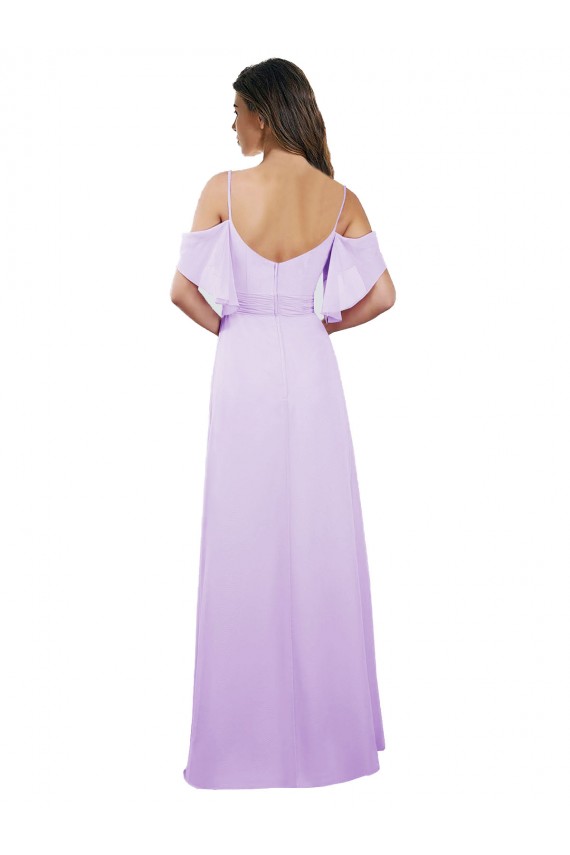 Lilas Trapèze Épaule Dénudée Bretelles spaghetti Mousseline Longue Robes demoiselle d'honneur Pas Cher