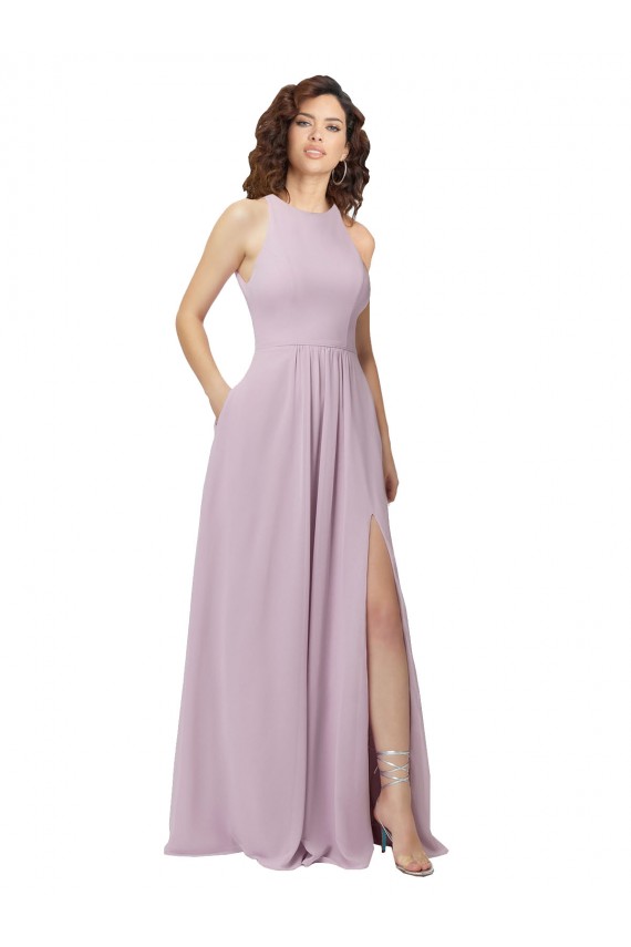 Lueur rose Trapèze Licou Col Haut Mousseline Longue Robes demoiselle d'honneur Pas Cher