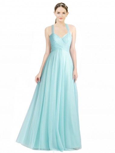 Menthe verte Trapèze Bretelles spaghetti Tulle Longue Robes demoiselle d'honneur Pas Cher