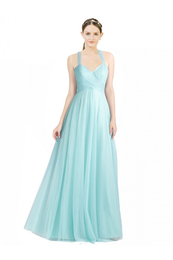 Menthe verte Trapèze Bretelles spaghetti Tulle Longue Robes demoiselle d'honneur Pas Cher
