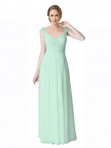 Menthe verte Trapèze Col V Mousseline Dentelle Longue Robes demoiselle d'honneur Pas Cher