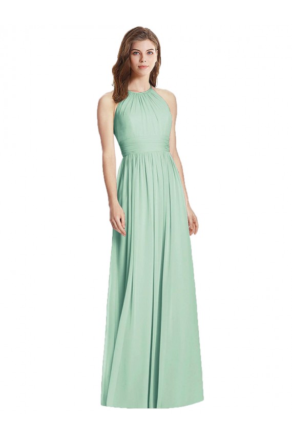 Menthe verte Trapèze Licou Mousseline Longue Robes demoiselle d'honneur Pas Cher
