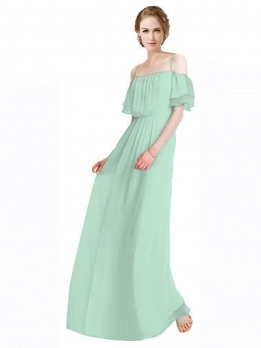 Menthe verte Trapèze Épaule Dénudée Bretelles spaghetti Mousseline Longue Robes demoiselle d'honneur Pas Cher