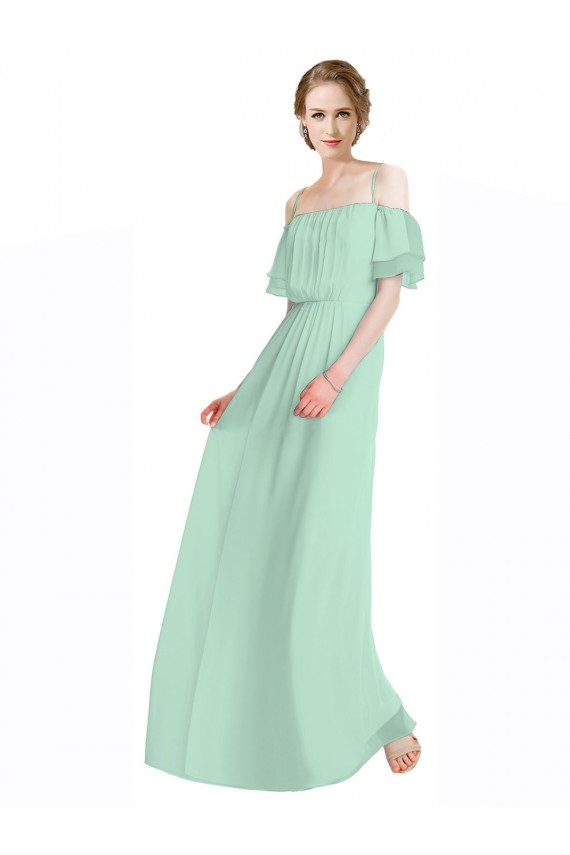 Menthe verte Trapèze Épaule Dénudée Bretelles spaghetti Mousseline Longue Robes demoiselle d'honneur Pas Cher