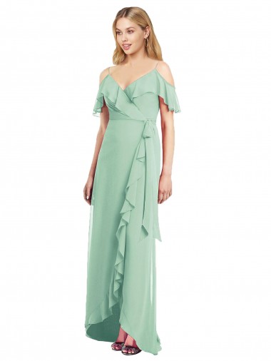 Menthe verte Trompette Bretelles spaghetti Col V Mousseline Longue Asymétrique Robes demoiselle d'honneur Pas Cher