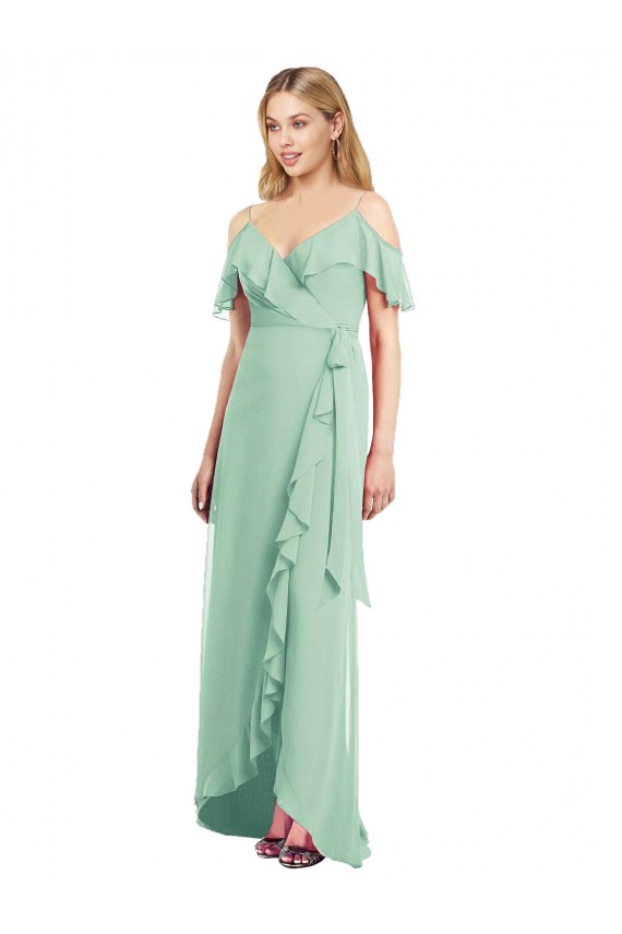 Menthe verte Trompette Bretelles spaghetti Col V Mousseline Longue Asymétrique Robes demoiselle d'honneur Pas Cher