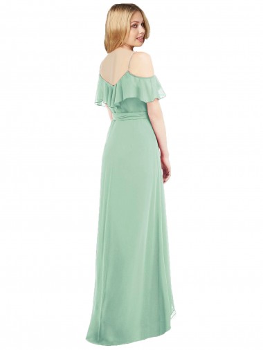 Menthe verte Trompette Bretelles spaghetti Col V Mousseline Longue Asymétrique Robes demoiselle d'honneur