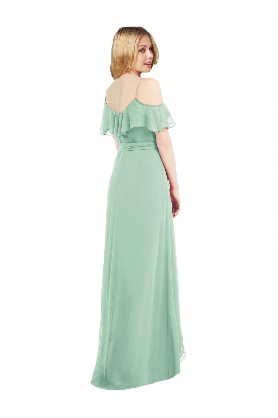 Menthe verte Trompette Bretelles spaghetti Col V Mousseline Longue Asymétrique Robes demoiselle d'honneur Pas Cher
