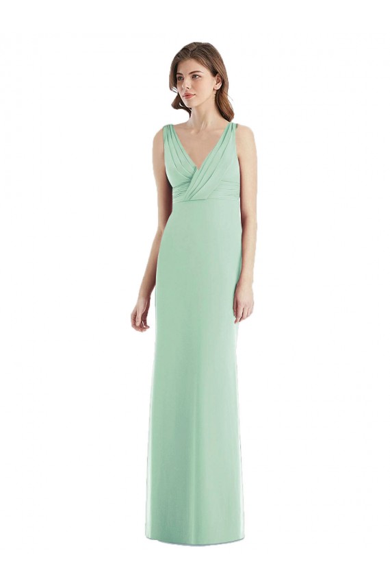 Menthe verte Trompette Col V Mousseline Longue Robes demoiselle d'honneur Pas Cher