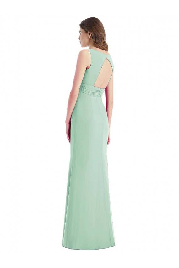 Menthe verte Trompette Col V Mousseline Longue Robes demoiselle d'honneur Pas Cher