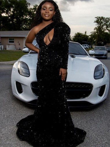 Noir Fourreau Balayage train Paillettes Velours Longue Robes de bal Pas Cher
