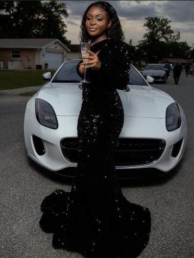 Noir Fourreau Balayage train Paillettes Velours Longue Robes de bal