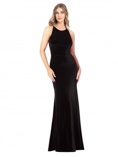 Noir Fourreau Bretelles spaghetti Col bijou Velours Stretch Longue Formelles Robes demoiselle d'honneur / Robes de soirée / Robes de bal Pas Cher