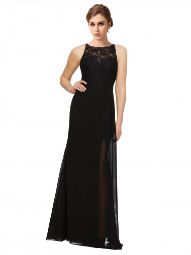 Noir Fourreau Col Haut Mousseline Dentelle Longue Robes demoiselle d'honneur Pas Cher